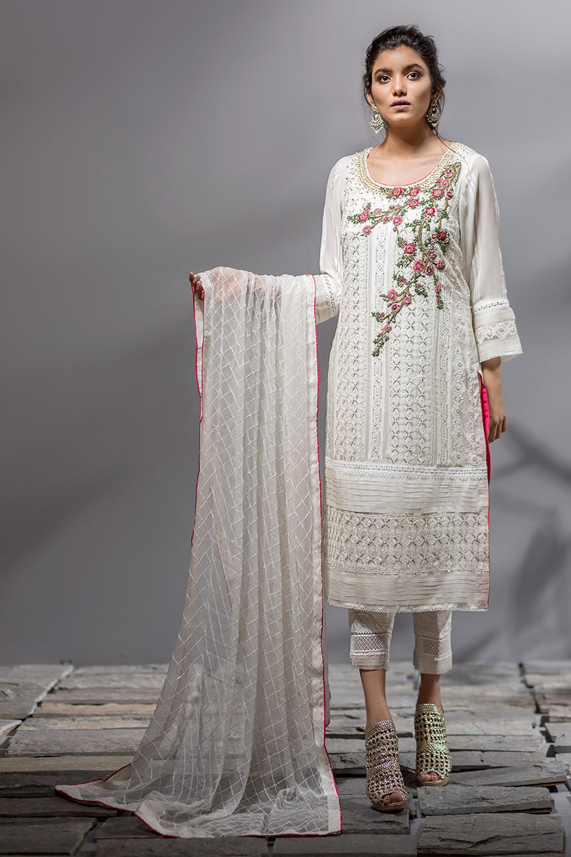 white chicken kari dress design New Chikan Dress Design GARDEN CHARM-3PC CHIKANKARI SUIT